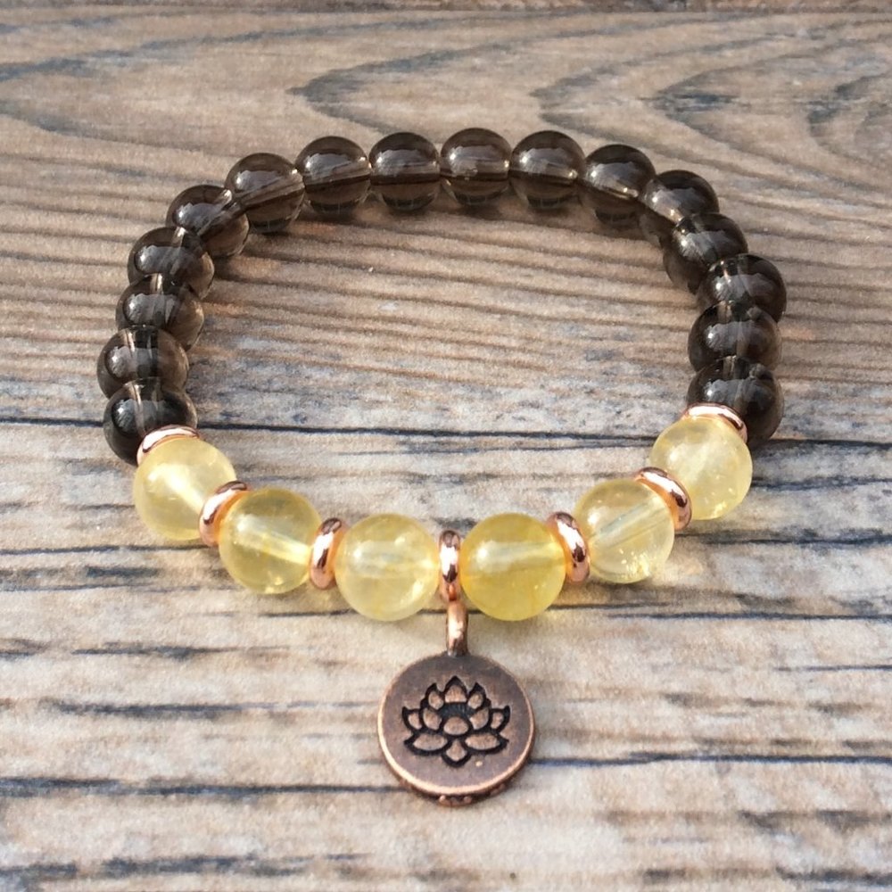 Lotus bracelet, Smoky Quartz & Citrine, Copper, crystal healing